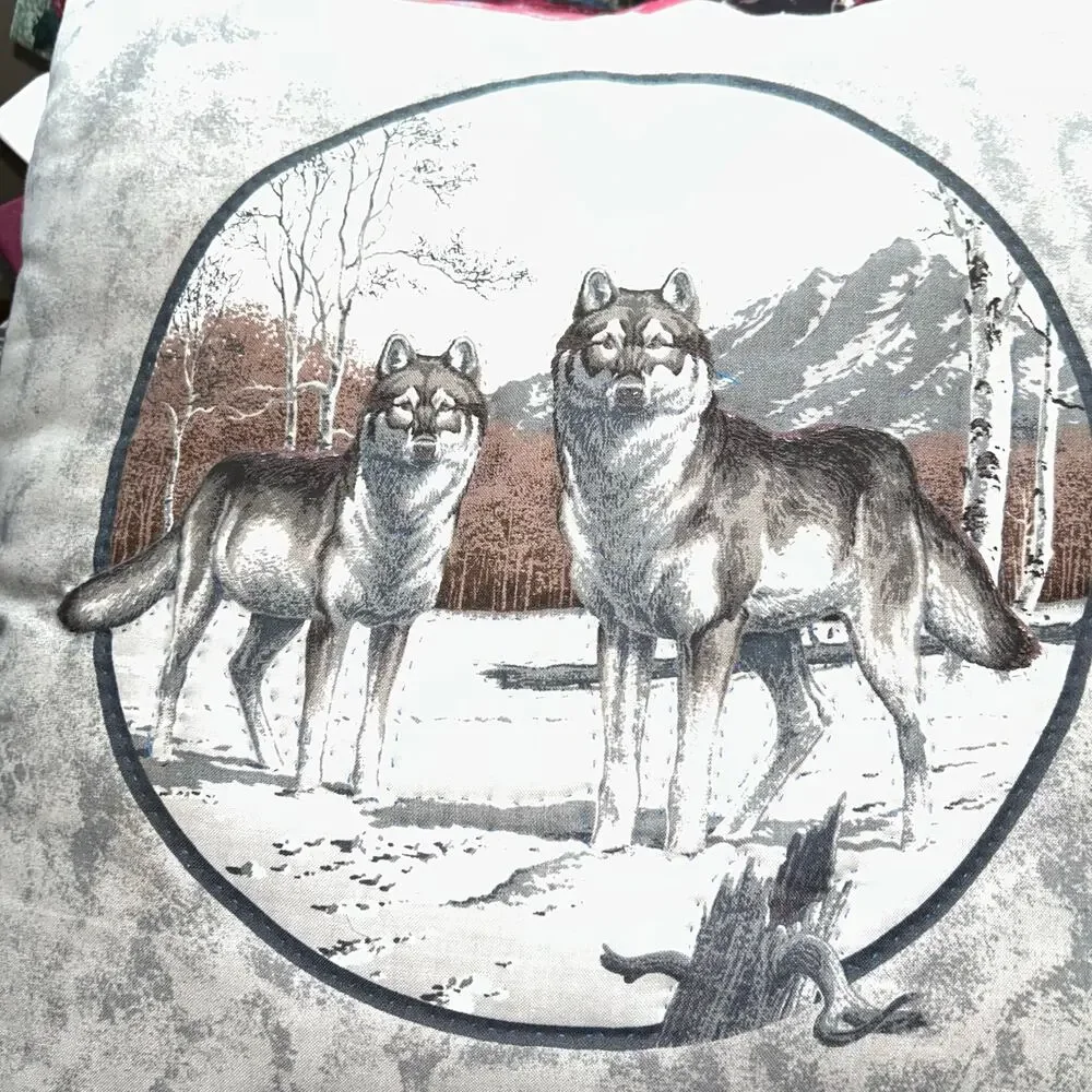 Vintage handmade Pillows Wolves Grizzly Bear Circle rustic cabin country decor